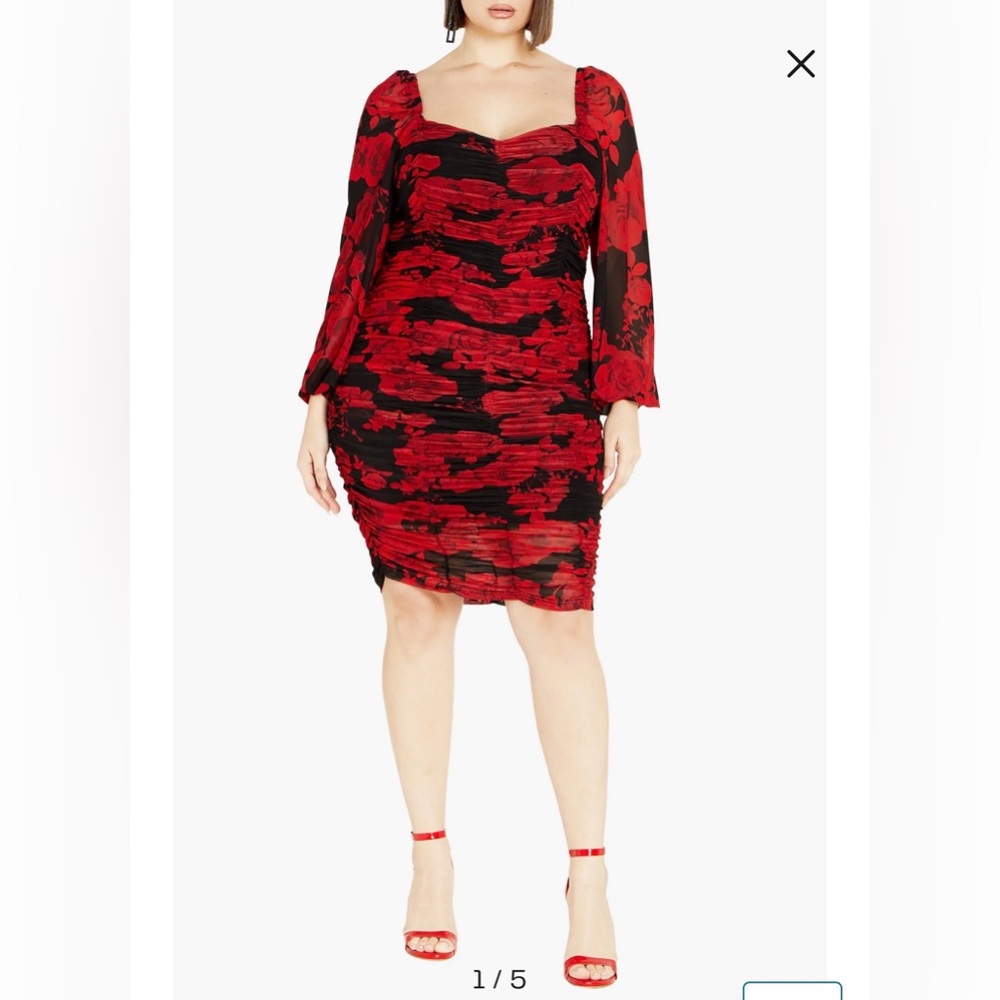 City Chic Alia Rose Print Ruched Long Sleeved Dress